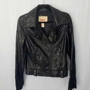 BKE Black on Black Striped Moto Jacket Faux Leather, Zipper Cuffs Size Small